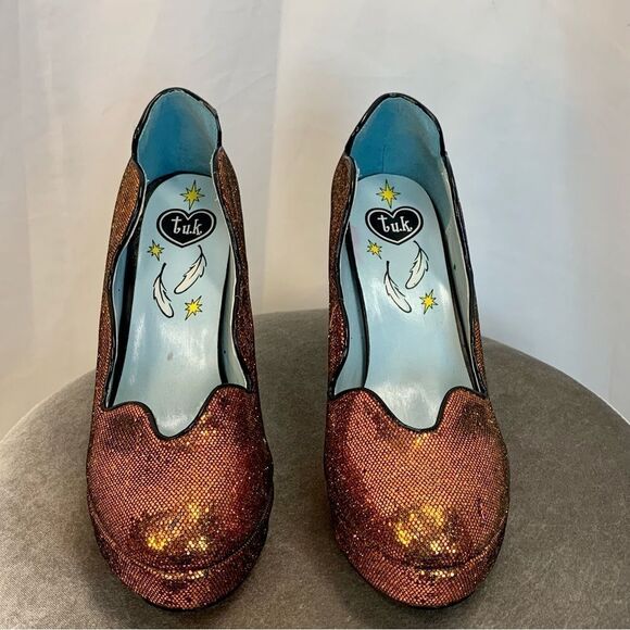 T.U.K. Bronze metallic glitter high heel platforms Sz 10 - Picture 6 of 11